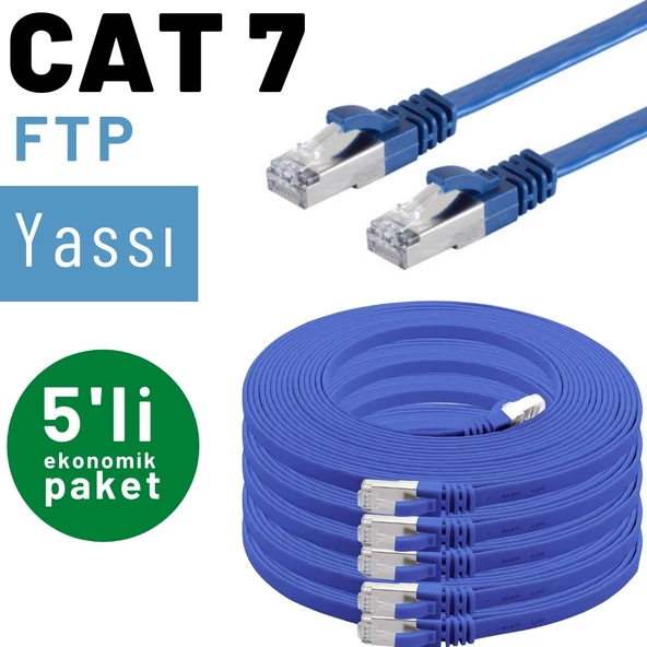 5 adet IRENIS CAT7 Kablo Yassı FTP Ethernet Network LAN Kablosu  1 Metre Mavi - Resim 7