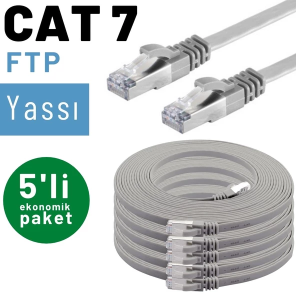 5 adet IRENIS CAT7 Kablo Yassı FTP Ethernet Network LAN Kablosu  2 Metre Gri - 5