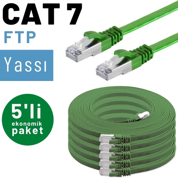 5 adet IRENIS CAT7 Kablo Yassı FTP Ethernet Network LAN Kablosu  2 Metre Gri - 10
