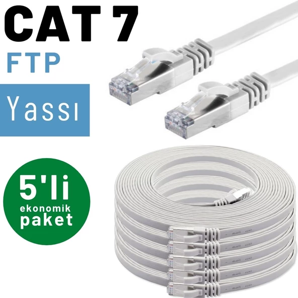 5 adet IRENIS CAT7 Kablo Yassı FTP Ethernet Network LAN Kablosu  3 Metre Gri - 4