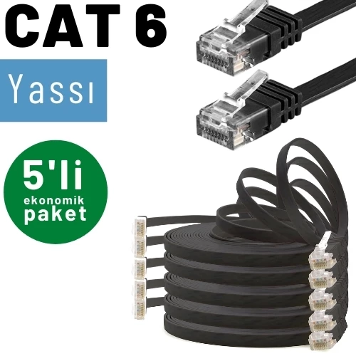 5 adet IRENIS CAT6 Kablo Yassı Ethernet Network Lan Ağ Kablosu  25cm Siyah - 2