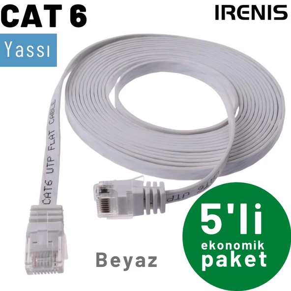 5 adet IRENIS CAT6 Kablo Yassı Ethernet Network Lan Ağ Kablosu  10 Metre Beyaz
