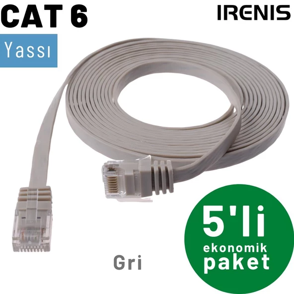 5 adet IRENIS CAT6 Kablo Yassı Ethernet Network Lan Ağ Kablosu  3 Metre Gri