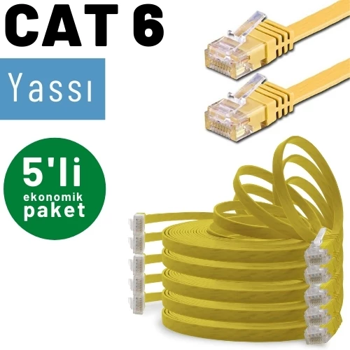 5 adet IRENIS CAT6 Kablo Yassı Ethernet Network Lan Ağ Kablosu  3 Metre Sarı - 2