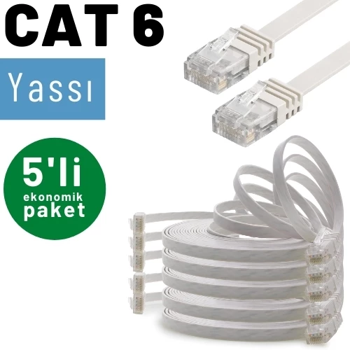 5 adet IRENIS CAT6 Kablo Yassı Ethernet Network Lan Ağ Kablosu  5 Metre Beyaz - 2