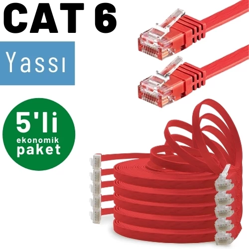 5 adet IRENIS CAT6 Kablo Yassı Ethernet Network Lan Ağ Kablosu  10 Metre Kırmızı - 2