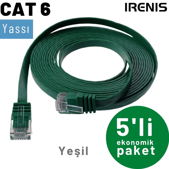 5 adet IRENIS CAT6 Kablo Yassı Ethernet Network Lan Ağ Kablosu  50cm Yeşil