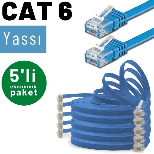 5 adet IRENIS CAT6 Kablo Yassı Ethernet Network Lan Ağ Kablosu  1 Metre Mavi - 2