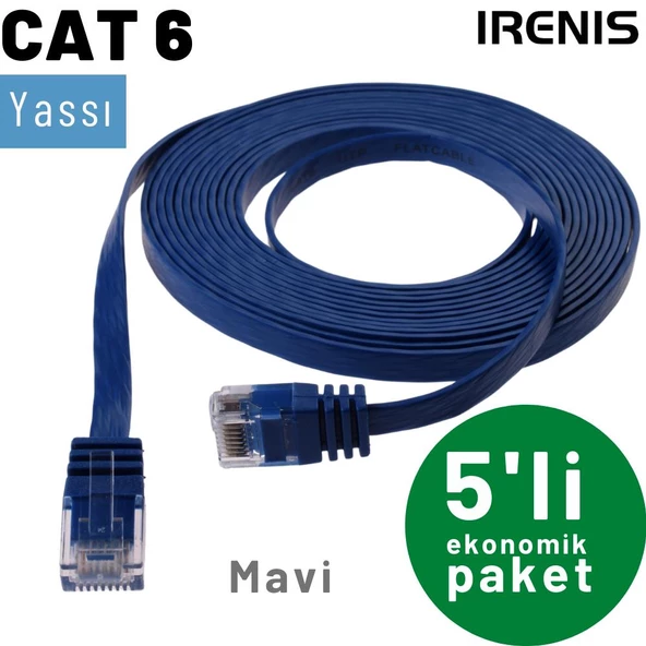 5 adet IRENIS CAT6 Kablo Yassı Ethernet Network Lan Ağ Kablosu  2 Metre Mavi