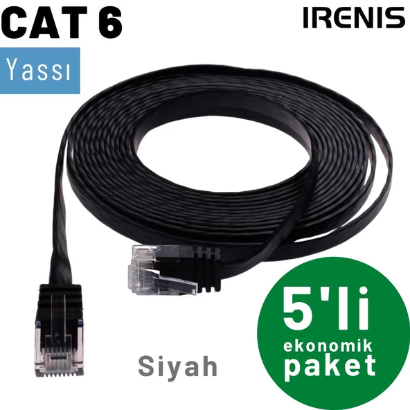 5 adet IRENIS CAT6 Kablo Yassı Ethernet Network Lan Ağ Kablosu  3 Metre Siyah