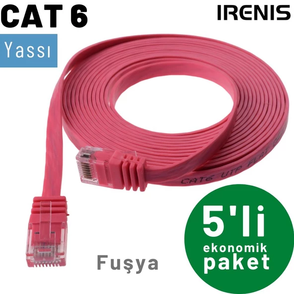 5 adet IRENIS CAT6 Kablo Yassı Ethernet Network Lan Ağ Kablosu  7.50 Metre Fuşya