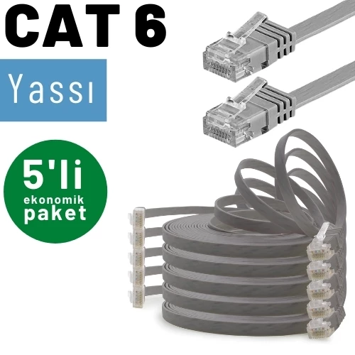 5 adet IRENIS CAT6 Kablo Yassı Ethernet Network Lan Ağ Kablosu  7.50 Metre Gri - 2