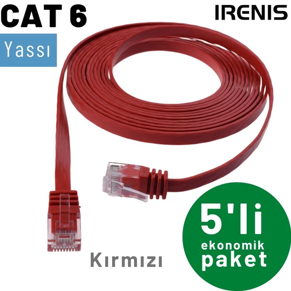 5 adet IRENIS CAT6 Kablo Yassı Ethernet Network Lan Ağ Kablosu  7.50 Metre Kırmızı