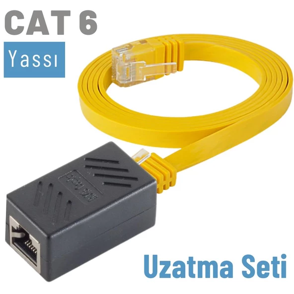 IRENIS CAT6 Kablo Uzatma Seti, Yassı Ethernet Kablo ve Ekleyici  7.50 Metre Sarı