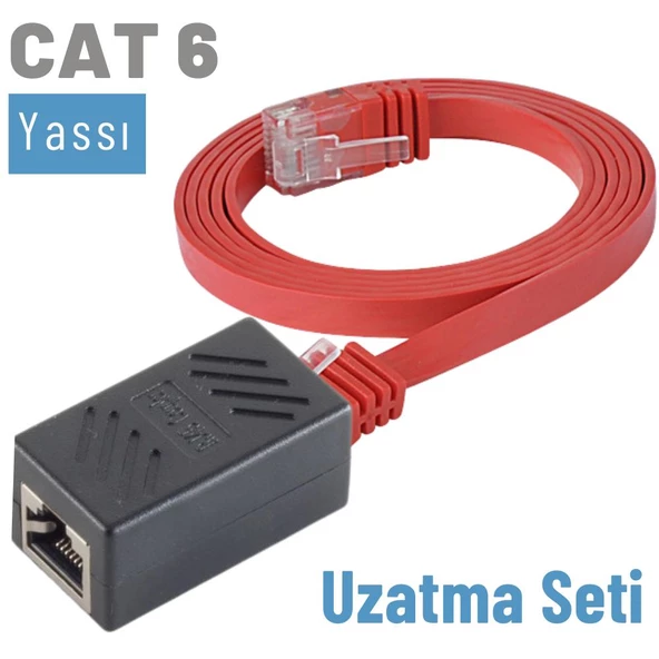 IRENIS CAT6 Kablo Uzatma Seti, Yassı Ethernet Kablo ve Ekleyici  10 Metre Kırmızı