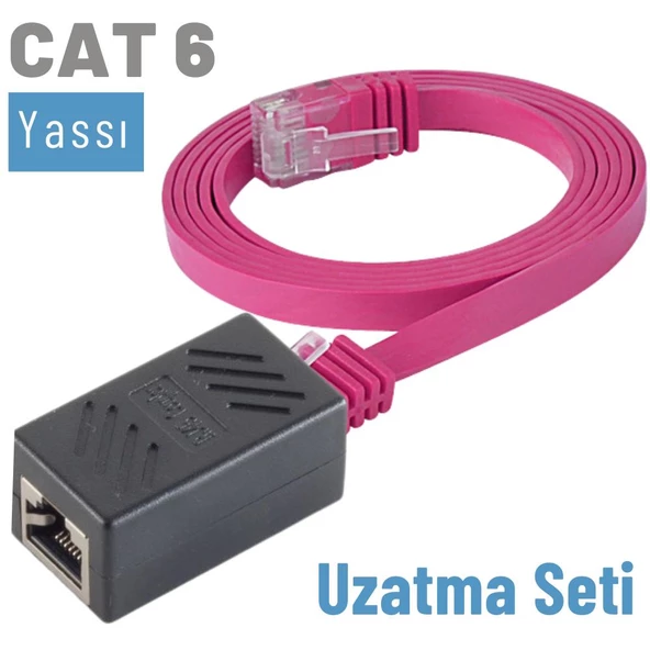 IRENIS CAT6 Kablo Uzatma Seti, Yassı Ethernet Kablo ve Ekleyici  10 Metre Fuşya