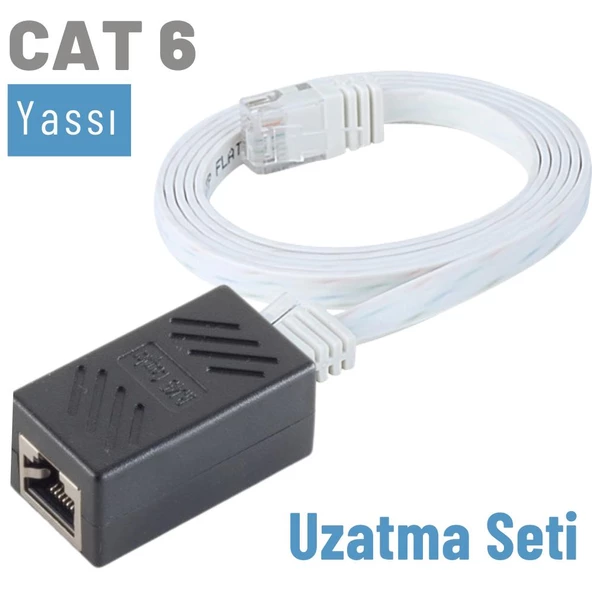 IRENIS CAT6 Kablo Uzatma Seti, Yassı Ethernet Kablo ve Ekleyici  10 Metre Beyaz