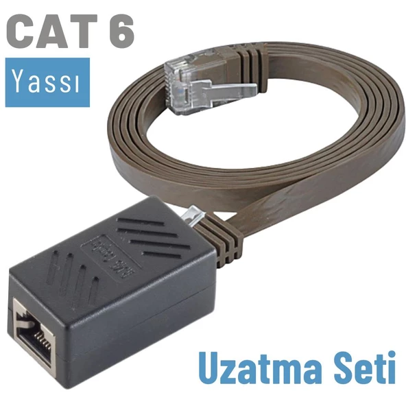 IRENIS CAT6 Kablo Uzatma Seti, Yassı Ethernet Kablo ve Ekleyici  2 Metre Kahverengi