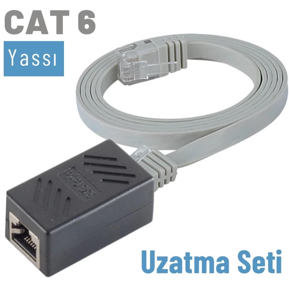 IRENIS CAT6 Kablo Uzatma Seti, Yassı Ethernet Kablo ve Ekleyici  7.50 Metre Siyah