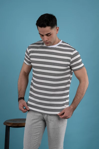 SLİMFİT ÇİZGİLİ ÖRME KUMAŞ ERKEK T-SHİRT - 7