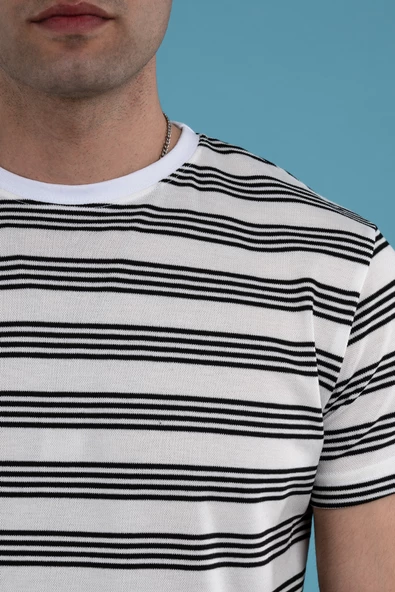 SLİMFİT ÇİZGİLİ ÖRME KUMAŞ ERKEK T-SHİRT - 9