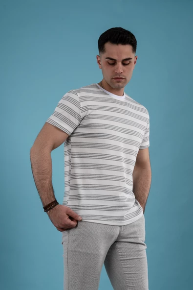 SLİMFİT ÇİZGİLİ ÖRME KUMAŞ ERKEK T-SHİRT - 12