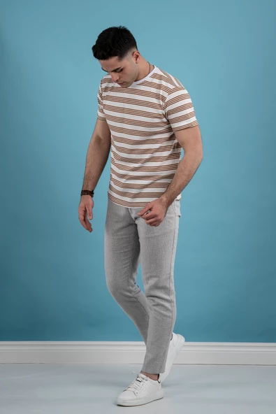 SLİMFİT ÇİZGİLİ ÖRME KUMAŞ ERKEK T-SHİRT - 2