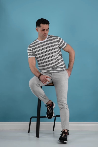 SLİMFİT ÇİZGİLİ ÖRME KUMAŞ ERKEK T-SHİRT - 6