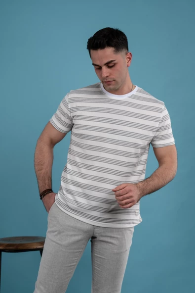 SLİMFİT ÇİZGİLİ ÖRME KUMAŞ ERKEK T-SHİRT - 11