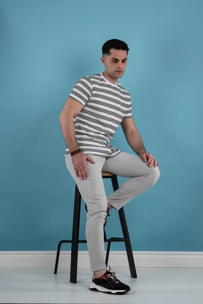 SLİMFİT ÇİZGİLİ ÖRME KUMAŞ ERKEK T-SHİRT - 5