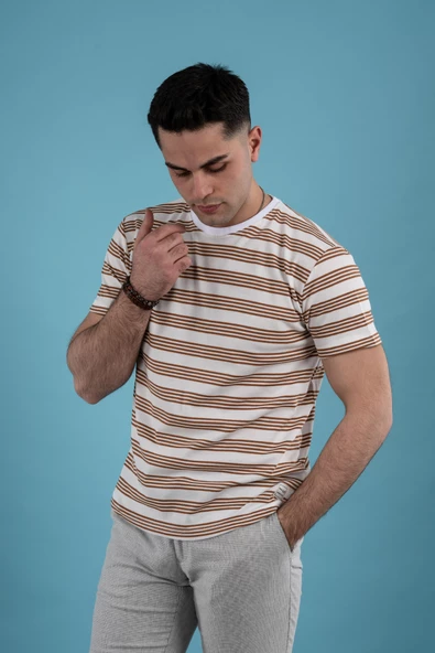 SLİMFİT ÇİZGİLİ ÖRME KUMAŞ ERKEK T-SHİRT - 3