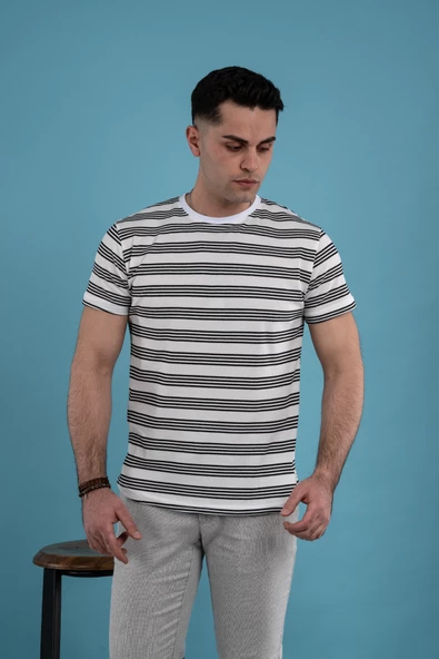 SLİMFİT ÇİZGİLİ ÖRME KUMAŞ ERKEK T-SHİRT - 8
