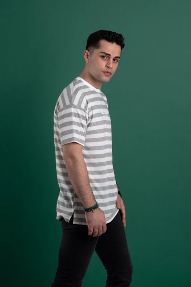 OVERSİZE ÇİZGİLİ PAMUKLU ERKEK T-SHİRT - Resim 3