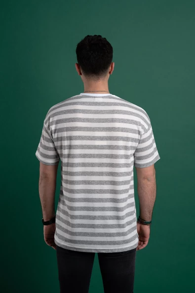 OVERSİZE ÇİZGİLİ PAMUKLU ERKEK T-SHİRT - Resim 5