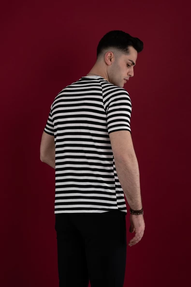 SLİMFİT ÇİZGİLİ ÖRGÜ PAMUKLU ERKEK T-SHİRT - 8