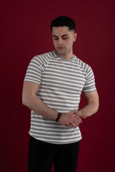 SLİMFİT ÇİZGİLİ ÖRGÜ PAMUKLU ERKEK T-SHİRT - 12