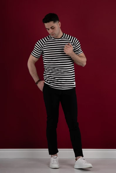 SLİMFİT ÇİZGİLİ ÖRGÜ PAMUKLU ERKEK T-SHİRT - 7