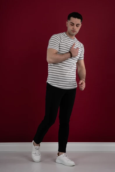 SLİMFİT ÇİZGİLİ ÖRGÜ PAMUKLU ERKEK T-SHİRT - 11