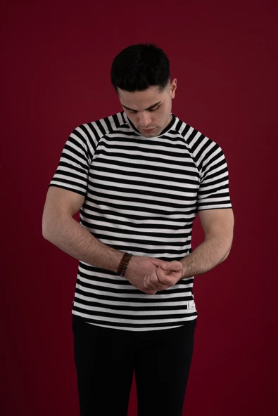 SLİMFİT ÇİZGİLİ ÖRGÜ PAMUKLU ERKEK T-SHİRT - 9