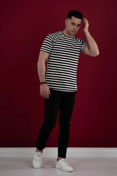 SLİMFİT ÇİZGİLİ ÖRGÜ PAMUKLU ERKEK T-SHİRT - 10