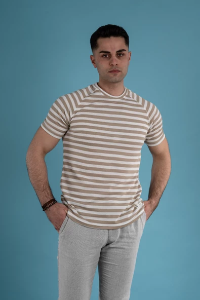 SLİMFİT ÇİZGİLİ ÖRGÜ PAMUKLU ERKEK T-SHİRT - 4