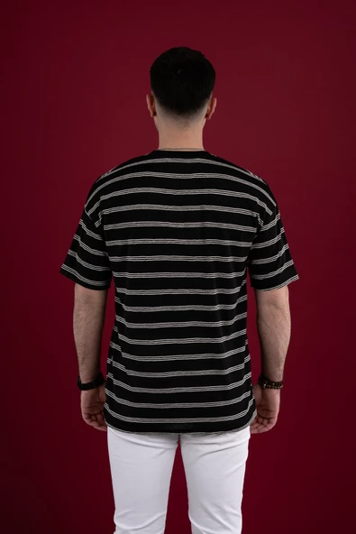 OVERSİZE ÇİZGİLİ İNCE PENYE ERKEK T-SHİRT - Resim 5