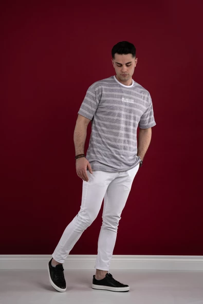 OVERSİZE ÇİZGİLİ İNCE PENYE ERKEK T-SHİRT - Resim 8