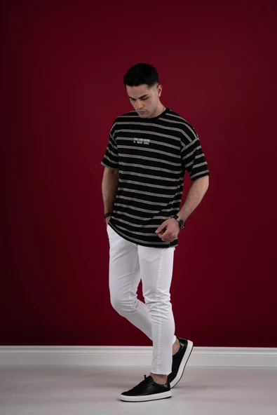 OVERSİZE ÇİZGİLİ İNCE PENYE ERKEK T-SHİRT - Resim 3