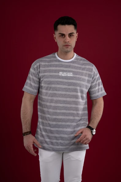 OVERSİZE ÇİZGİLİ İNCE PENYE ERKEK T-SHİRT - Resim 9