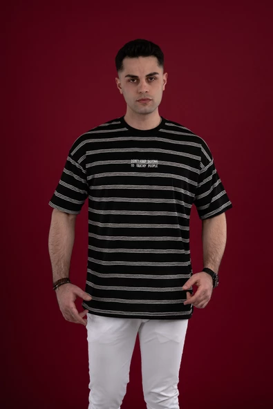 OVERSİZE ÇİZGİLİ İNCE PENYE ERKEK T-SHİRT - Resim 4