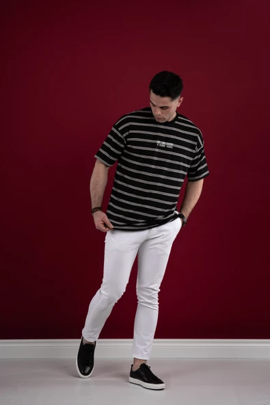 OVERSİZE ÇİZGİLİ İNCE PENYE ERKEK T-SHİRT - Resim 2