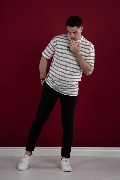 OVERSİZE ÇİZGİLİ İNCE PENYE ERKEK T-SHİRT - Resim 12