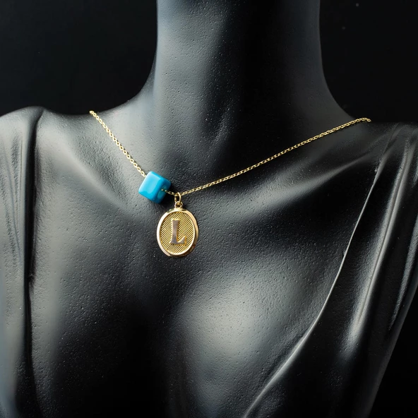 L Harfi Oval Altın Kolye - Resim 2