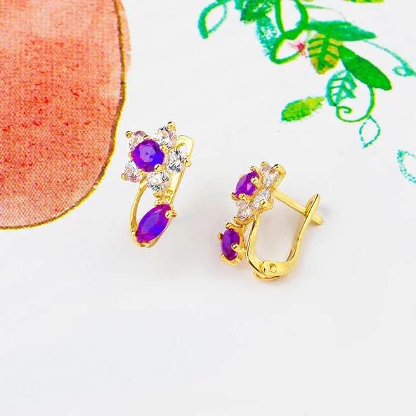 Taşlı Papatya Altın Çocuk Küpesi - Resim 4